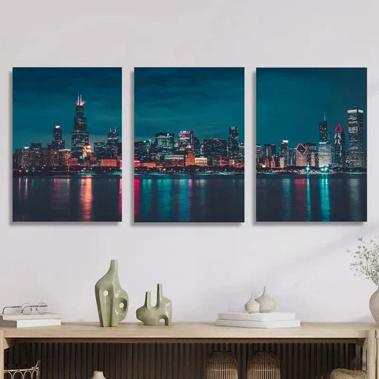 3pcs Night City Skyline with Reflective Skyscraper Metal Print Ready to Hang Art