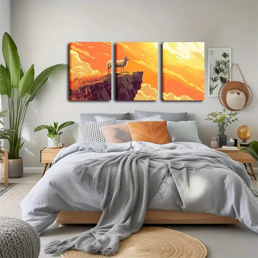 3pcs Sheep Standing on a Cliff , Wall Art Set Canvas Framed 40x60cm - High Quality Print 100% Australian Made Wall Canvas Ready to Hang