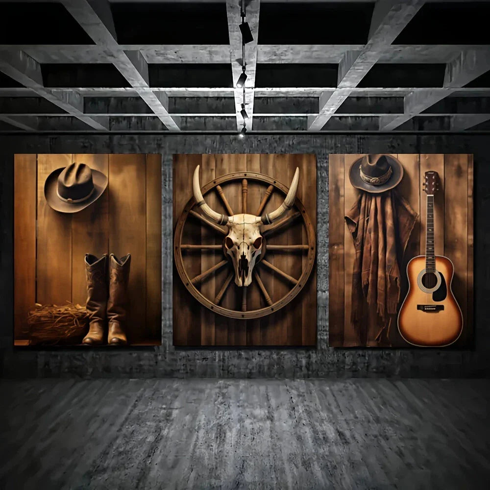 3pcs Vintage Cowboy Hat Boots Steer Skull Metal Print Ready to Hang Art