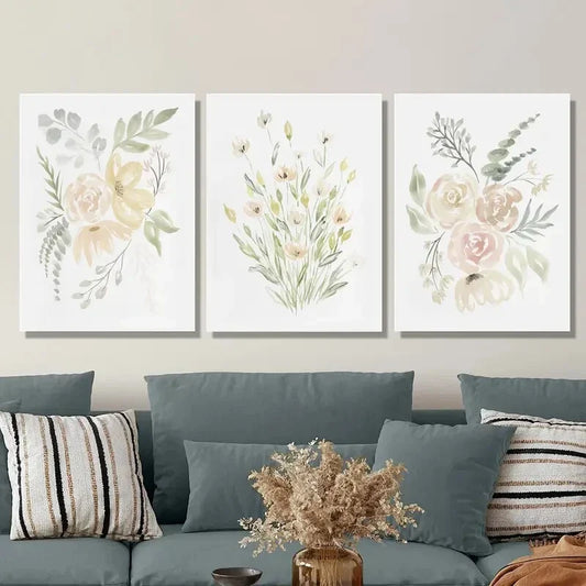 3pcs Watercolor Flower Painting, with Plant Flower Metal Print Ready to Hang Art