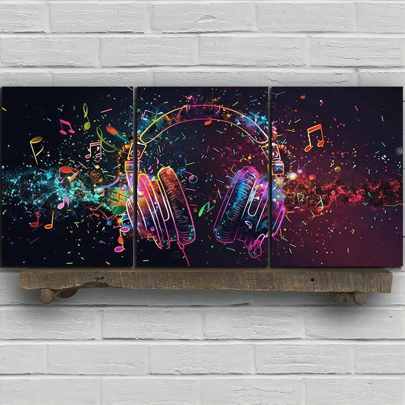 3pcs Colorful Music Headphones Vibrant Abstract Metal Print Ready to Hang Art