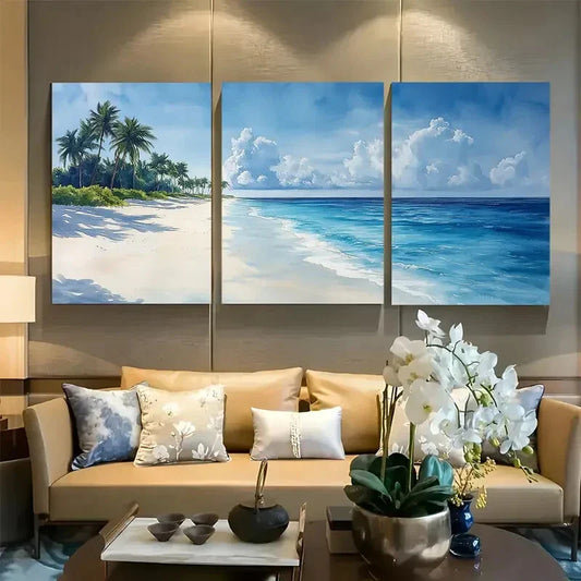 3pcs Rangali Island, Maldives Watercolor Beach Metal Print Ready to Hang Art