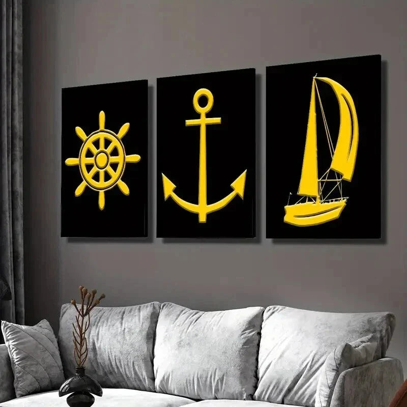 3pcs yellow Anchor Sailboat Golden Nautical Wall Art Set Canvas Framed 40x60cm - High Quality Print 100% Australian Made Wall Canvas Ready to Hang