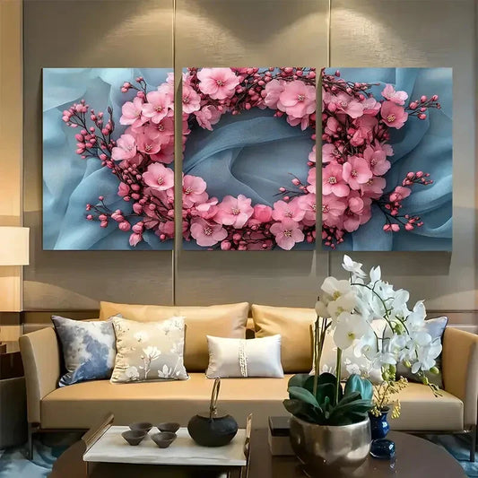3pcs Cherry Blossom Wreath Light Pink Floral Metal Print Ready to Hang Art