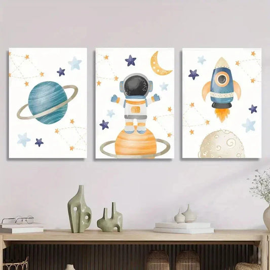 3pcs Cartoon illustration, rocket, planet Metal Print Ready to Hang Art
