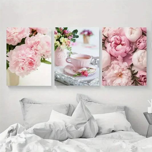 3pcs Modern Art Peony Contemporary Canvas Metal Print Ready to Hang Art