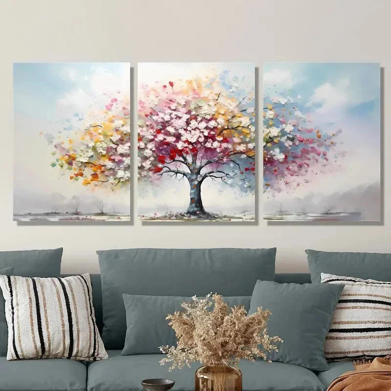 3pcs Oil Painting of Blooming Rainbow Tree Metal Print Ready to Hang Art