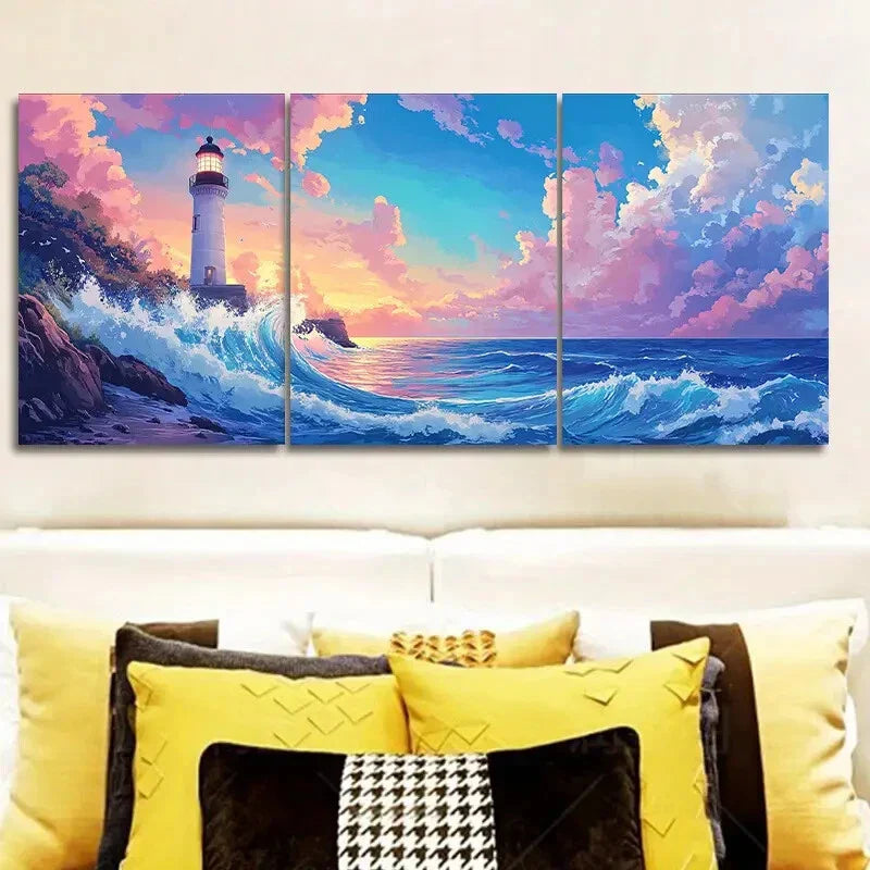 3pcs Lighthouse the Sea Sunset Scene Luxurious Wall Art Set Canvas Framed 40x60cm - High Quality Print 100% Australian Made Wall Canvas Ready to Hang