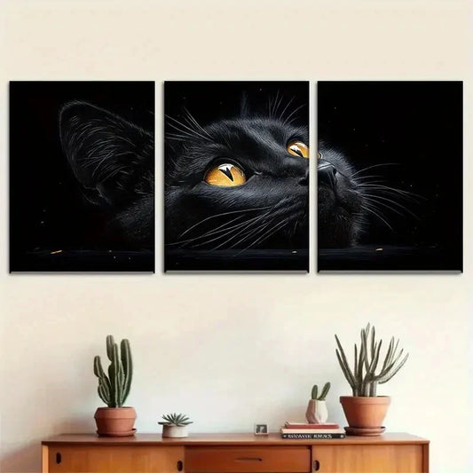 3pcs Black Cat Golden Eyes Feline Portrait Metal Print Ready to Hang Art