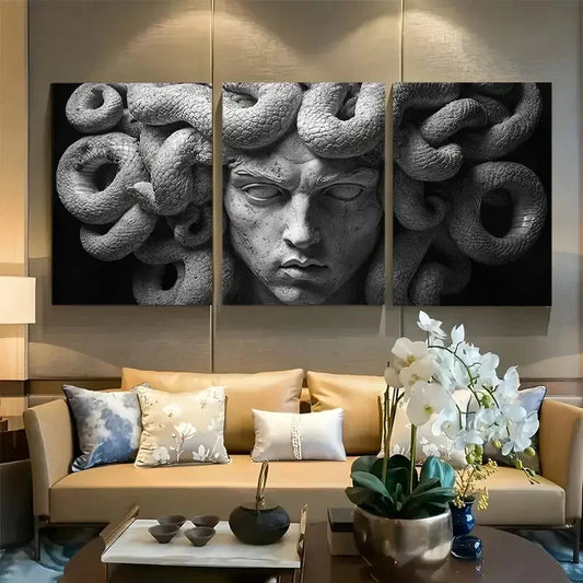 3pcs Medusa Stone Statue Mythology Design Metal Print Ready to Hang Art