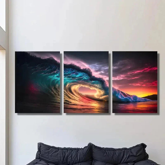 3pcs Sunset Over Waves, Showcasing Stunning Wave Metal Print Ready to Hang Art