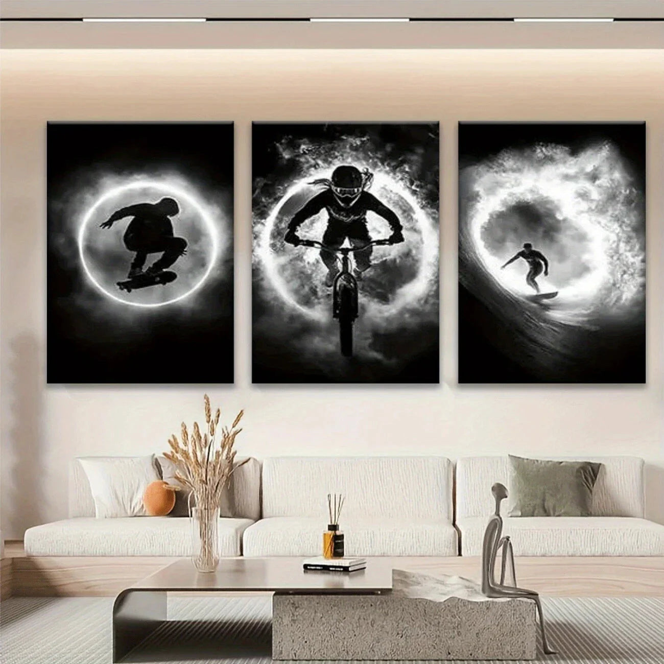 3pcs Dynamic Skateboard & Bicycle Riding Black Metal Print Ready to Hang Art