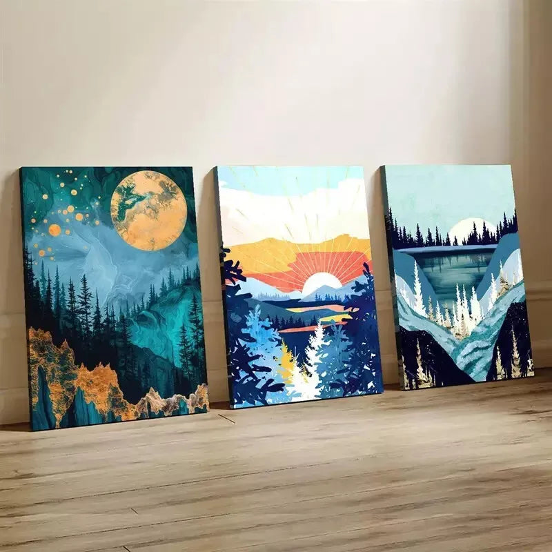 3pcs Abstract Modern River Vista With Trees Wall Art Set Canvas Framed 40x60cm - High Quality Print 100% Australian Made Wall Canvas Ready to Hang