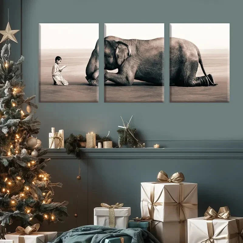 3pcs Elephant and Boy Cultural Poster Metal Print Ready to Hang Art