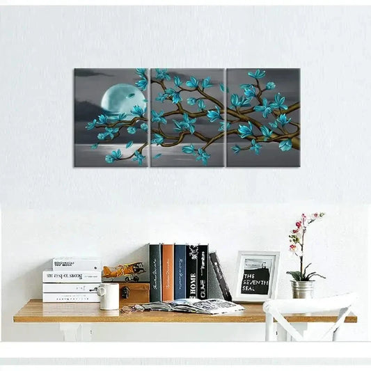3pcs Turquoise Magnolia & Full Moon Metal Print Ready to Hang Art