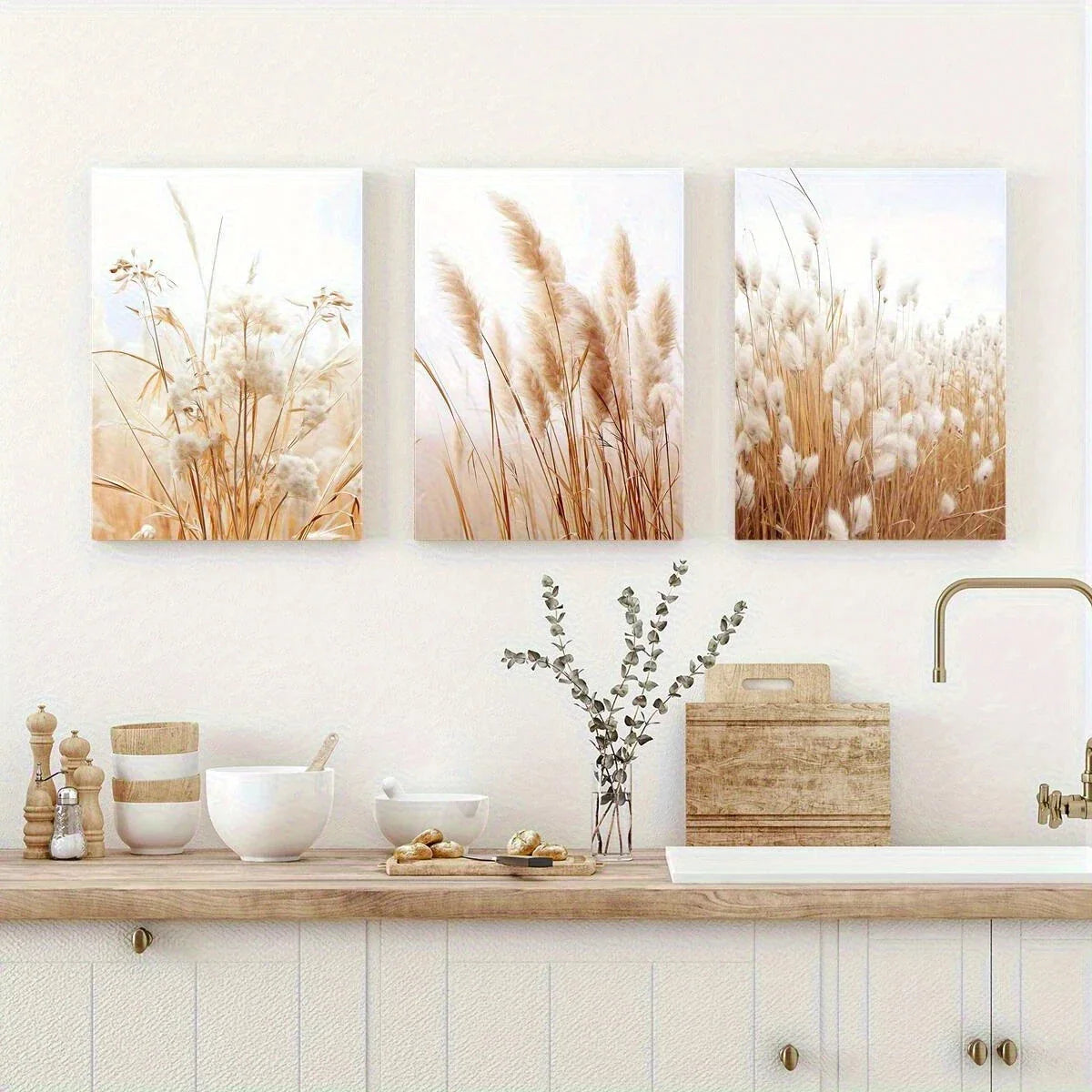 3pcs Beige Flowers Earth Classic Modern Style Metal Print Ready to Hang Art