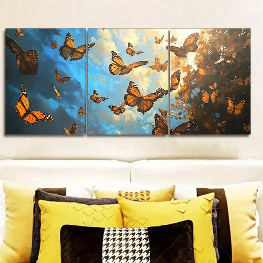 3pcs Butterfly Blue Sky & Orange Trees Design Metal Print Ready to Hang Art