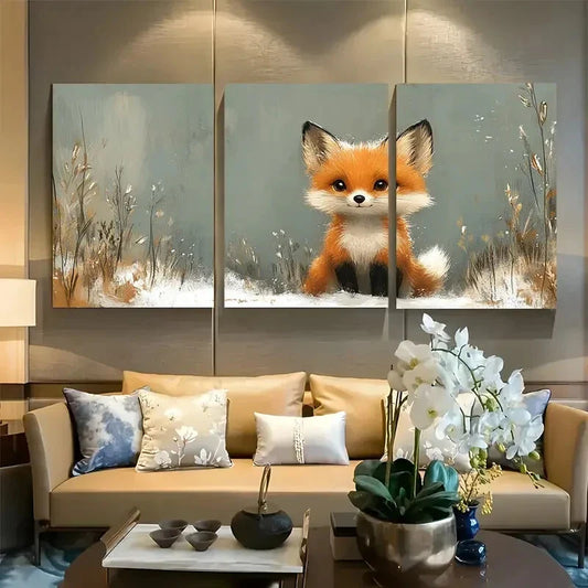 3pcs Cute Little Fox In The Forest and Snow Design Metal Print Ready to Hang Art