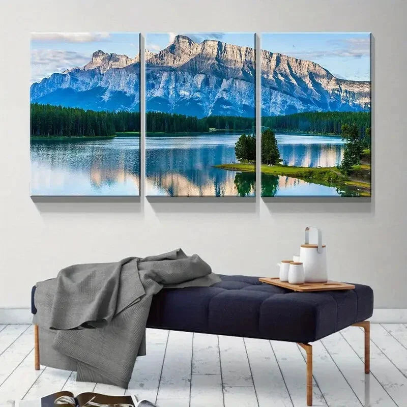 3pcs Turquoise Lake and Mountain Picture Metal Print Ready to Hang Art