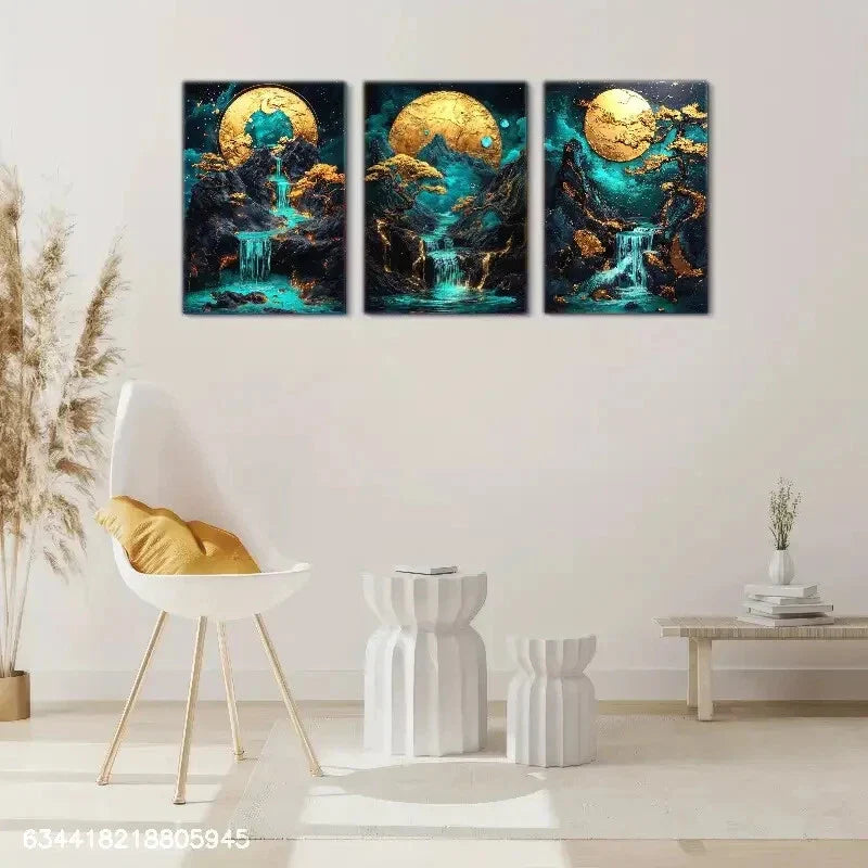 3pcs Elegant Space Golden Moon Waterfall, Metal Print Ready to Hang Art