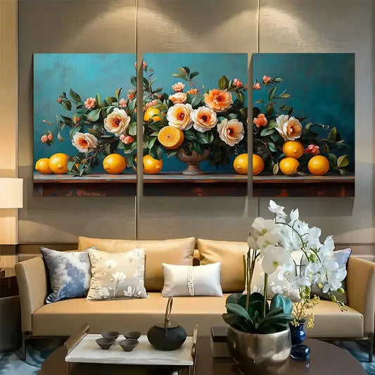 3pcs Cheerful Flower Bouquet with Lemons Design Metal Print Ready to Hang Art