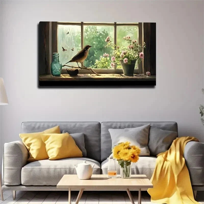 Serene Windowsill Bird Branch Wall Art Canvas Office Home Room Framed 80x45cm