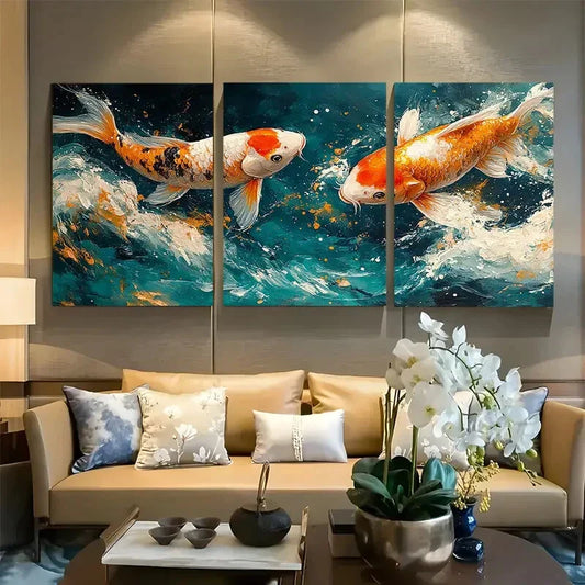 3pcs Serene Koi Fishes Harmony Pond Life Metal Print Ready to Hang Art