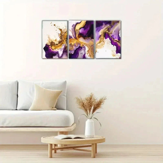 3pcs Purple and Golden Abstract Art Decoration Metal Print Ready to Hang Art