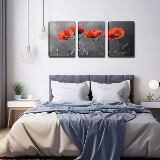 3pcs Blooming Red Flowers, Wall Art Set Canvas Framed 40x60cm - High Quality Print 100% Australian Made Wall Canvas Ready to Hang