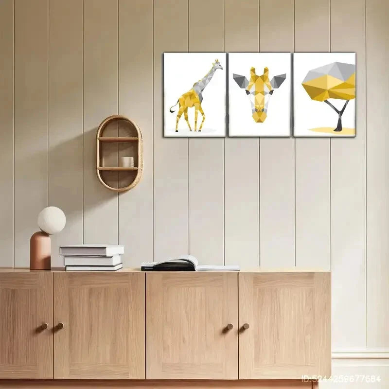 3pcs Giraffe Animal Portrait Art Poster Geometric Metal Print Ready to Hang Art