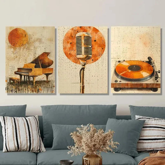3pcs Golden Piano, Microphone & Vinyl Art Metal Print Ready to Hang Art