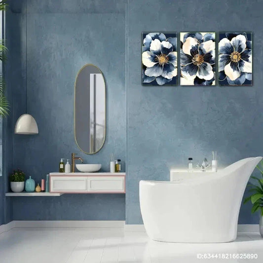 3pcs Botanical Print Navy Blue Floral Wall Decor Metal Print Ready to Hang Art