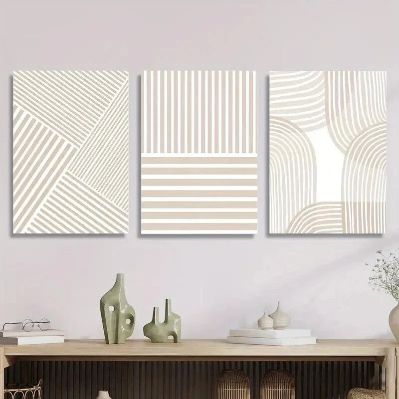 3pcs Geometric Striped Beige, Minimalist Metal Print Ready to Hang Art