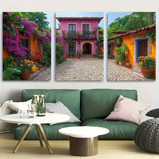 3pcs Vibrant Mexican Courtyard Design Metal Print Ready to Hang Art