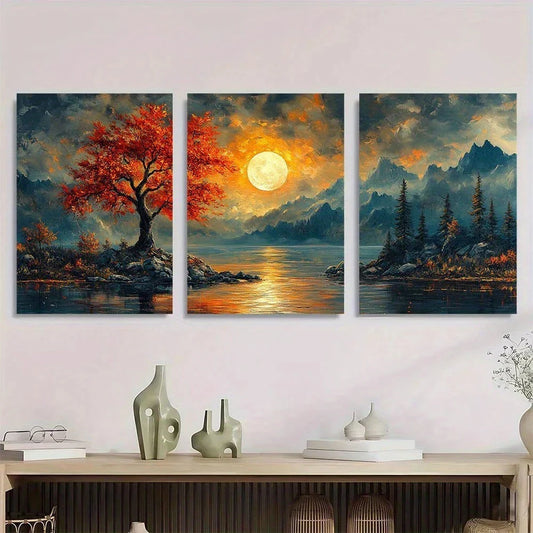 3pcs Moonlit Lake & Autumn Tree Vibrant Metal Print Ready to Hang Art