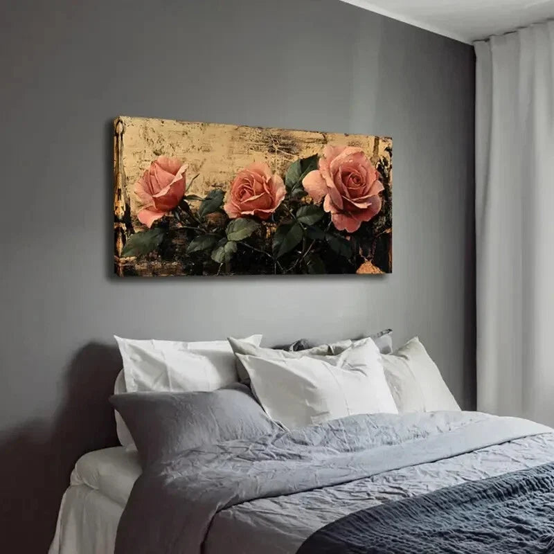 Elegant Pink Roses Green Leaves Wall Art Canvas Office Home Room Framed 120x60cm