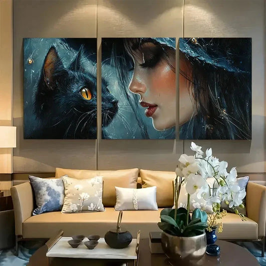 3pcs Enigmatic Witch with Black Cat and Bats Metal Print Ready to Hang Art