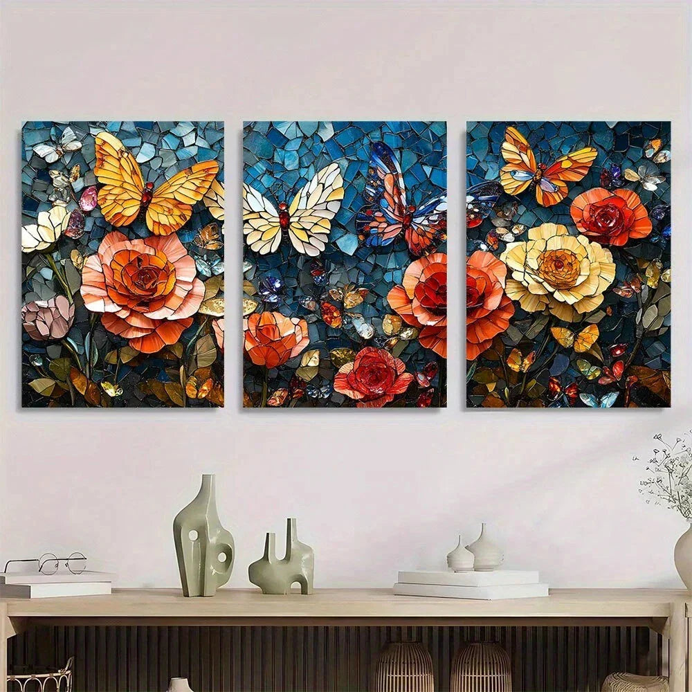3pcs Spring and Summer Butterflies and Roses Metal Print Ready to Hang Art