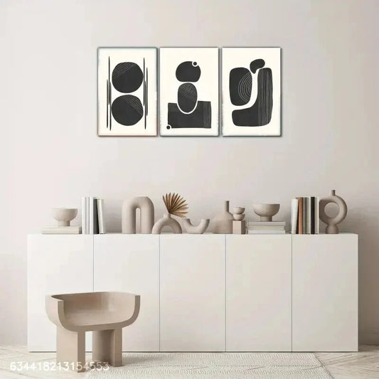 3pcs Abstract Minimalist Black & White Geometric Metal Print Ready to Hang Art