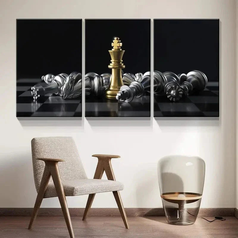 3pcs Golden King Chess Piece Metal Print Ready to Hang Art