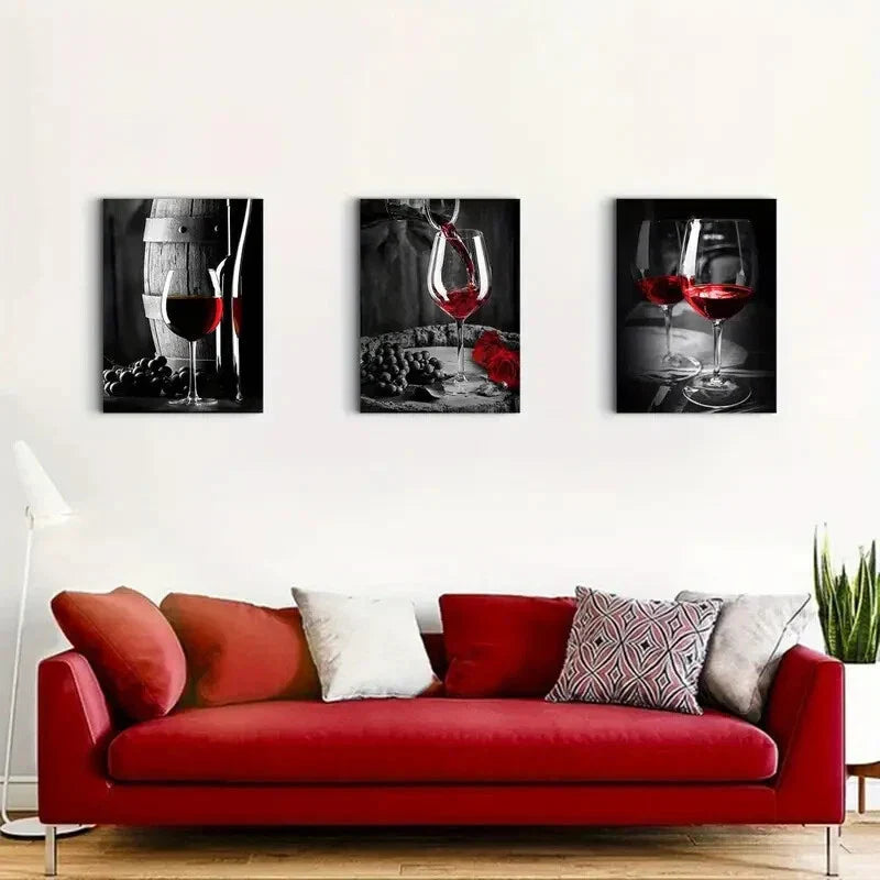 3pcs Romantic Red Wine Goblets Metal Print Ready to Hang Art