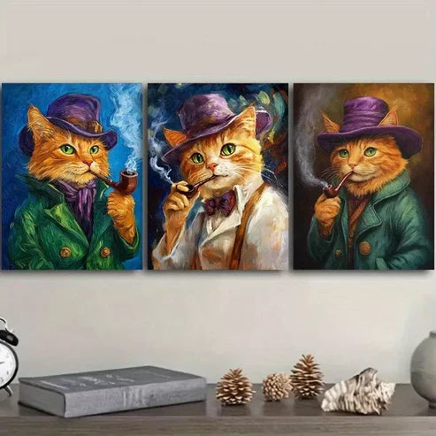 3pcs Featuring A Cat With A Pipe Orange Cat Wall Art Set Canvas Framed 60x90cm - High Quality Print 100% Australian Made Wall Canvas Ready to Hang