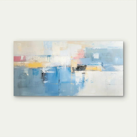 Soft Blue and Pastel Abstract Paint Wall Art Canvas Office Home Framed 80x45cm