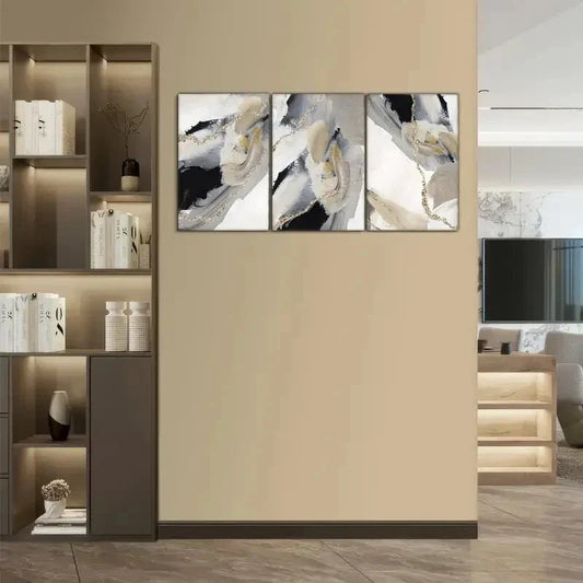 3pcs Beige Black and Golden Abstract Art Metal Print Ready to Hang Art