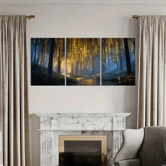 3pcs Enchanted Forest Glow Mystical Night Scene Metal Print Ready to Hang Art