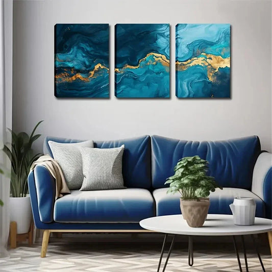 3pcs Dreamy Blue Ocean with Golden Accents Metal Print Ready to Hang Art