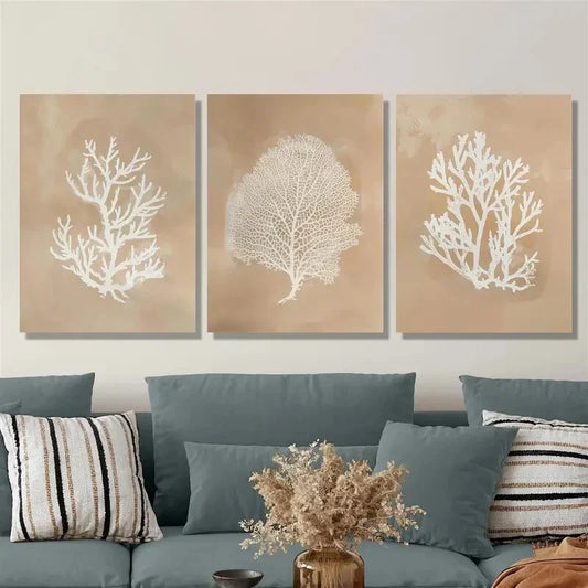 3pcs Beige coral art, seaweed botanical painting, Metal Print Ready to Hang Art
