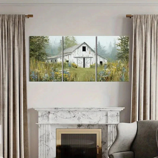 3pcs Wildflowers Farmhouse Scene White Barn Metal Print Ready to Hang Art