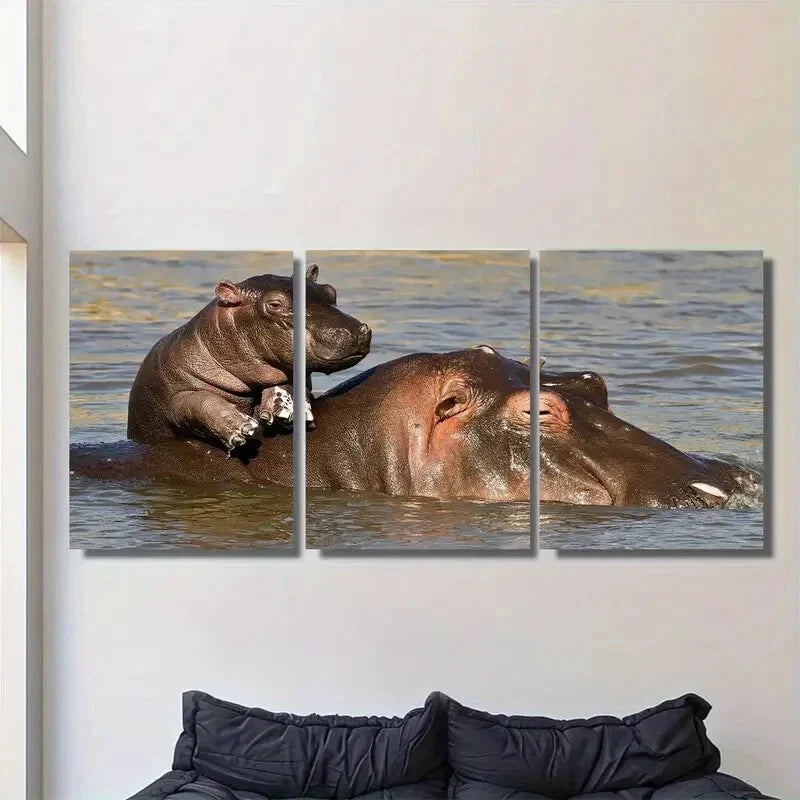 3pcs Hippo with Baby in the Lake Metal Print Ready to Hang Art