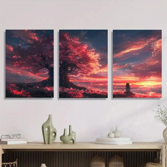 3pcs ,Anime Girl Beneath a Cherry Blossom Tree Metal Print Ready to Hang Art